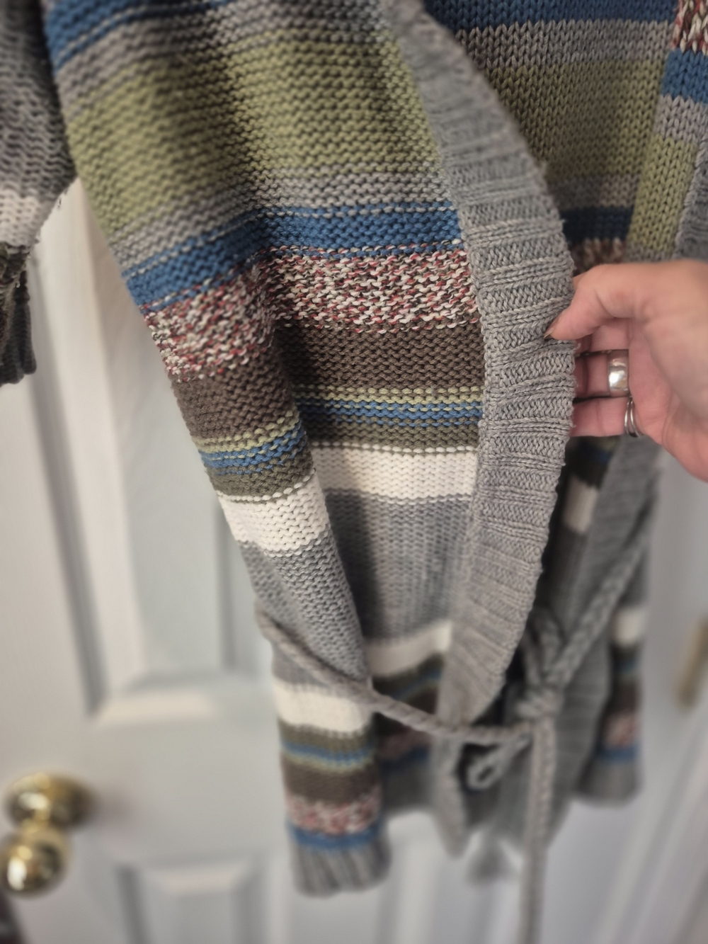 Streetwear Society Hooded Striped Belted Cardigan Sweater L 22” PTP Boho - Picture 3 of 7
